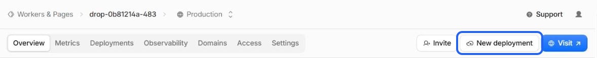 En-tête du site dans le tableau de bord Cloudflare, avec les onglets Overview à Settings et le bouton New deployment encadré.